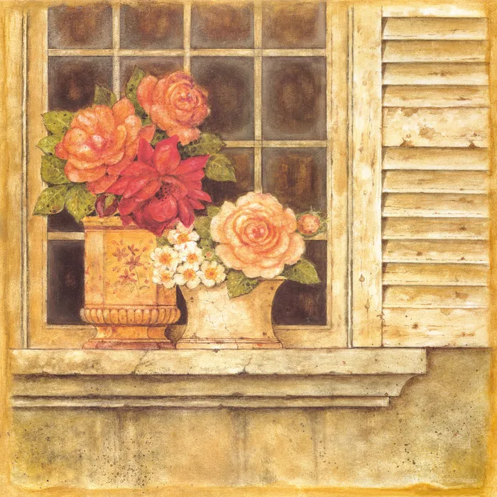 复古窗户花卉花瓶油画