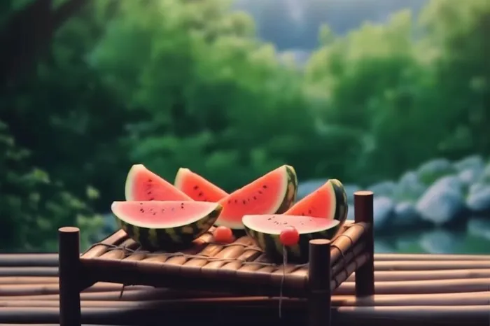清新荷塘边凳子西瓜清爽背景(1344x896)
