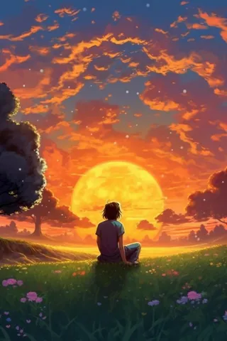 男人看落日背影插画