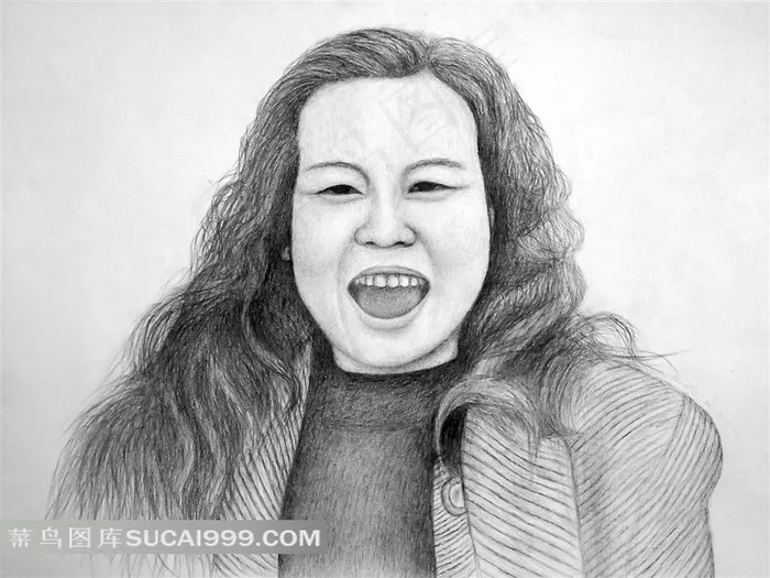 张嘴微笑的女人素描
