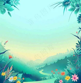 春天山脉小溪河流花丛绿植清新手绘插画，春分惊蛰