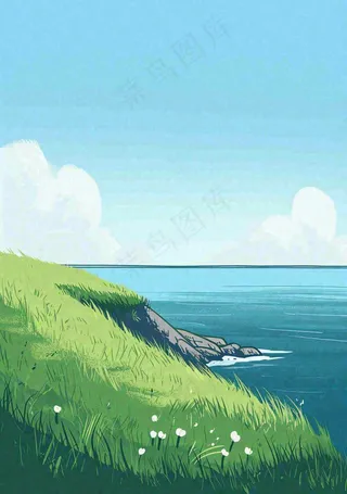 海边蓝天白云草地小花，春天清新海景