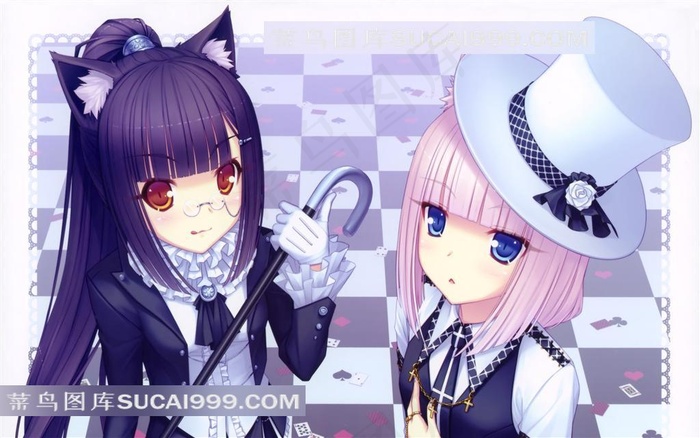 拿拐杖戴帽子的美少女插画