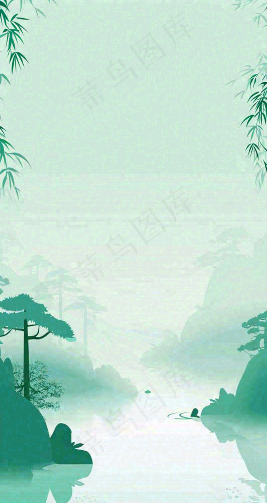 国风意境山水画落日绿色(800x1504)