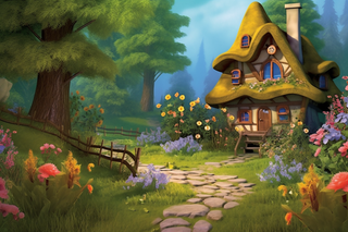 森林里的小房子门前花丛草地石子路卡通插画素材背景