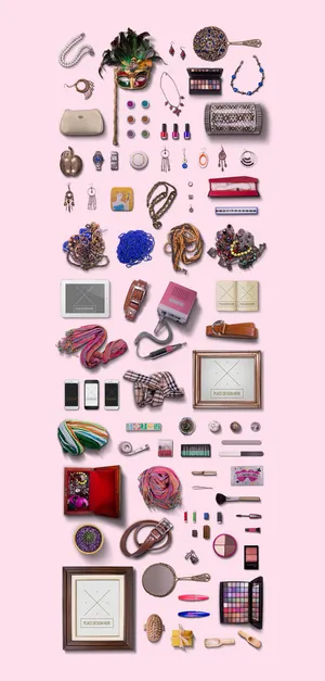 鞋装饰包项链手链化妆品背景俯视图