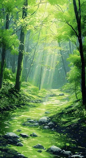 春天绿树成荫的树林里面阳光洒下小溪溪水飘着树叶