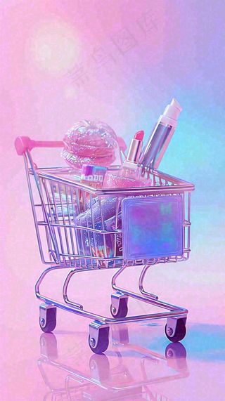 粉紫绚丽购物车采购电商美妆时尚，3D推车