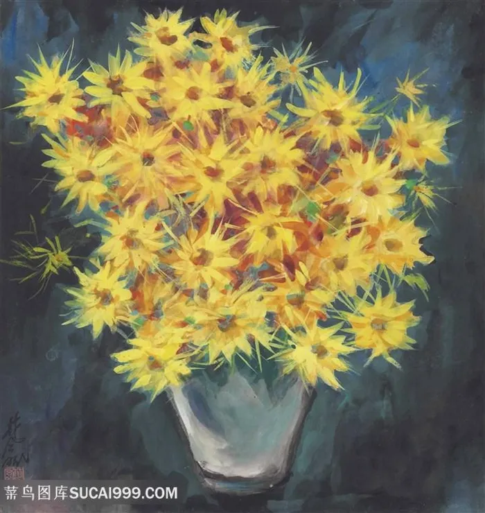 林风眠油画静物小黄花花卉花瓶装饰画