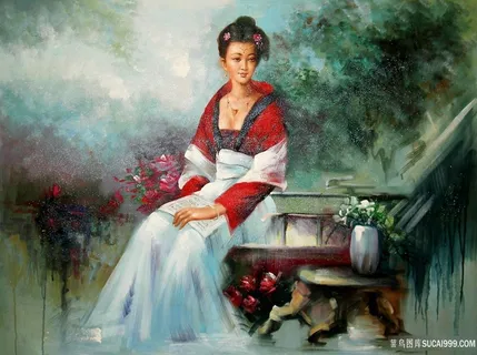 中式美女水墨风景画