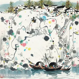 吴冠中手绘湖畔房子水墨装饰画