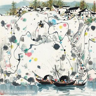 吴冠中手绘湖畔房子水墨装饰画