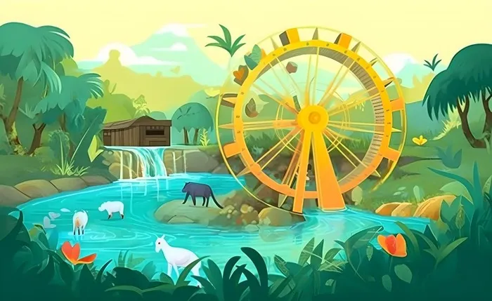 春天田园绿色自然风车水河流畜牧插画素材背景(5632x3456)