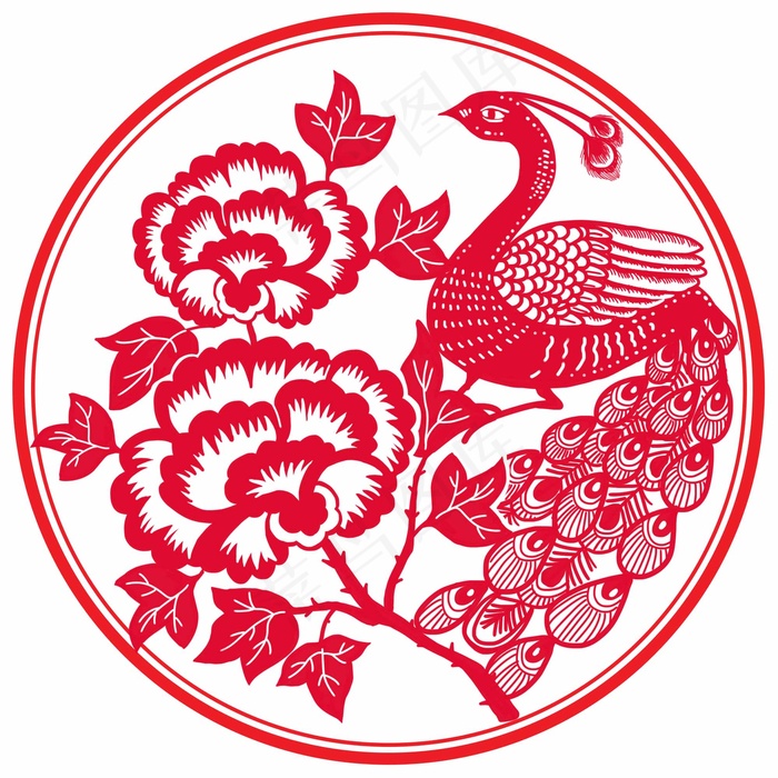 孔雀剪纸 剪纸风元素psd模版下载