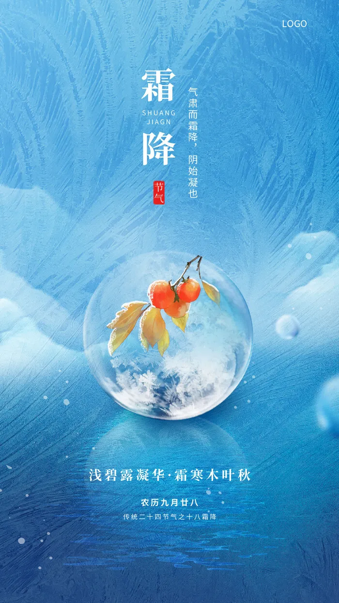 蓝色简约二十四节气霜降水滴柿子手机海报霜降海报