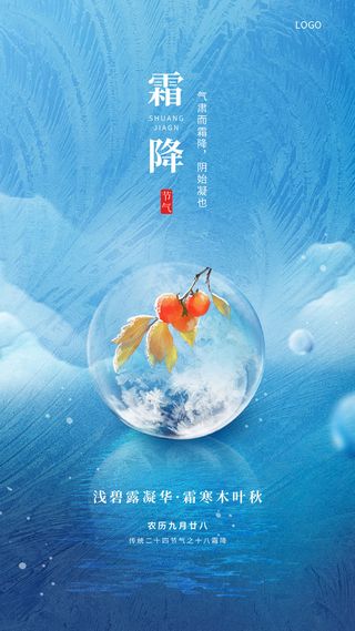 蓝色简约二十四节气霜降水滴柿子手机海报霜降海报