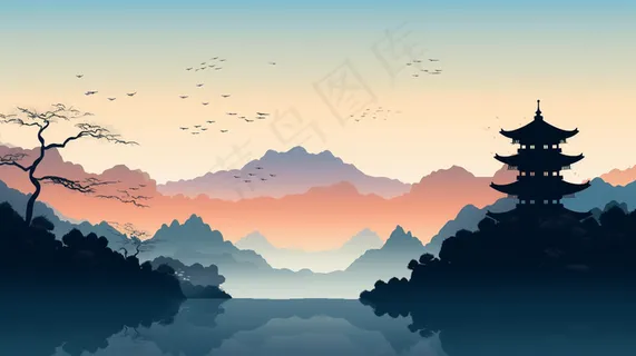 中国山水水天一色水墨画插画 