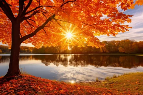 秋天在湖边的树叶红了摄影图 秋天在湖边的树叶红了摄影图