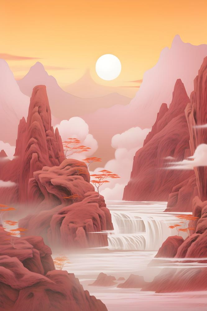 红色简约月光山脉背景