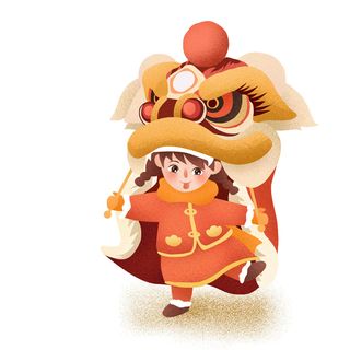 新年春节虎年元宵手绘人物舞狮卡通狮子头插画元素PSD设计素材