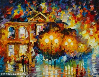 唯美水彩树林建筑油画美景