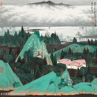 薛亮水墨风景画巍峨山脉水墨湖畔美景装饰画