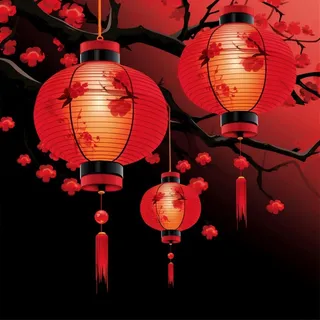 红灯笼梅花树枝喜庆插画素材背景