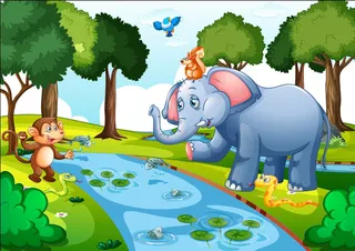 卡通可爱动物河林木