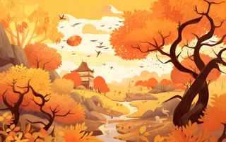 秋季森林树木金黄落叶背景