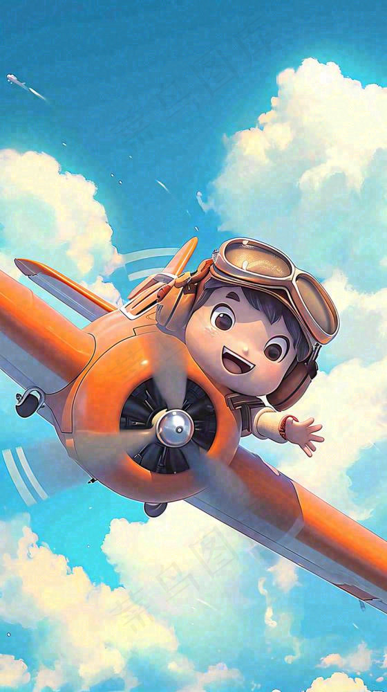卡通少年男孩飞行飞机玩耍，可爱儿童节，天空白云
