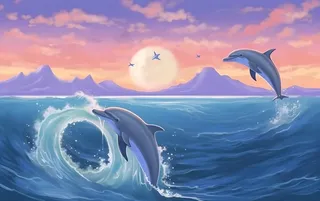 飞跃出海面的海豚晚霞素材背景