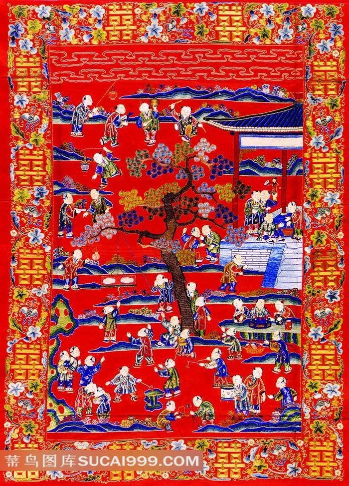 古典孩童喜子刺绣图案
