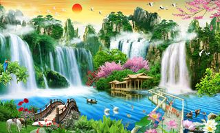 清新流水生财木房木桥小鹿天鹅风景