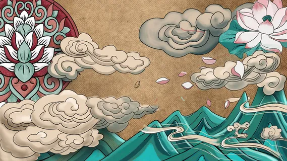 国潮中国风复古敦煌岩彩山水祥云插画烫金肌理背景PSD设计素材