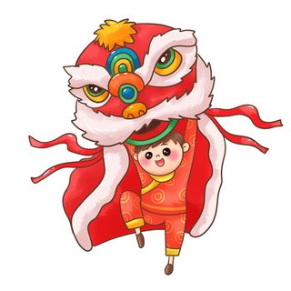 新年春节虎年元宵手绘人物舞狮卡通狮子头插画元素PSD设计素材