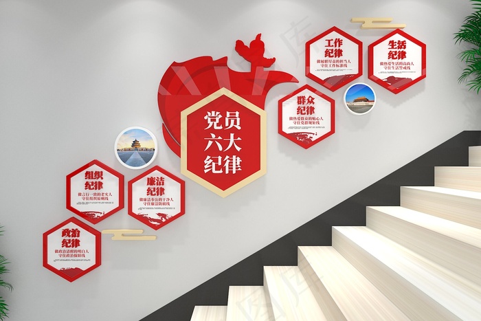 党建楼梯文化 党建文化墙  党员六大纪律 党员文化墙 