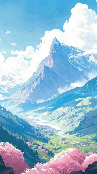 阳光春天细长流水山脉村庄小屋草坪，春分，旅行露营