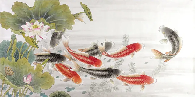 油画荷花九鱼装饰画