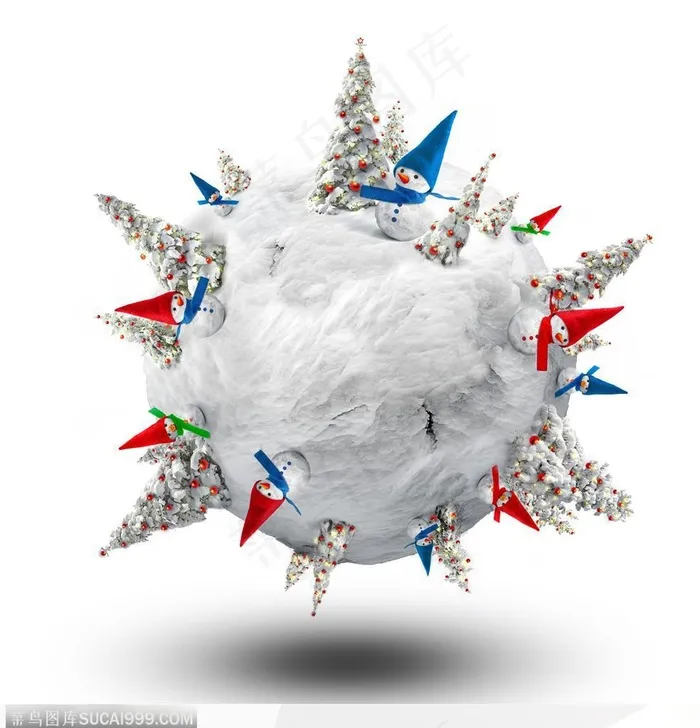 冰雪覆盖的地球和圣诞树与雪人