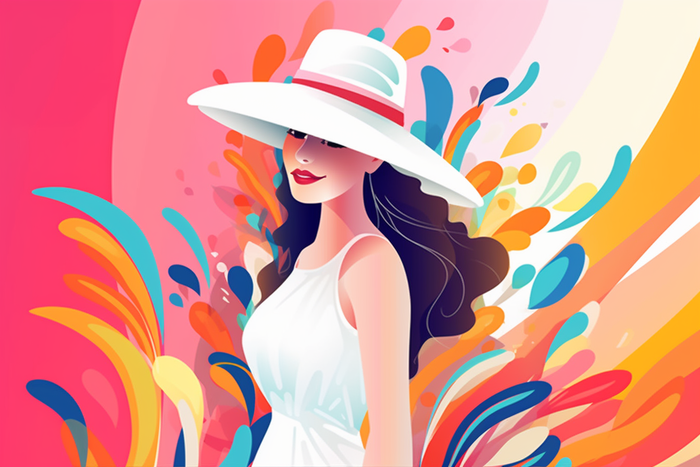 绚丽多彩戴帽子的女生背后的颜料色彩卡通插画(x)