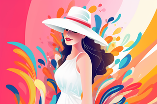 绚丽多彩戴帽子的女生背后的颜料色彩卡通插画