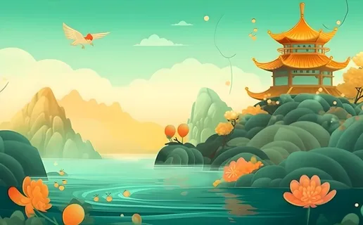 国风山水阁楼古风背景