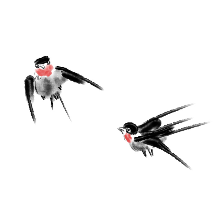 水彩手绘春季春天柳树柳条枝条小鸟小燕子元素PSD设计素材PNG图片