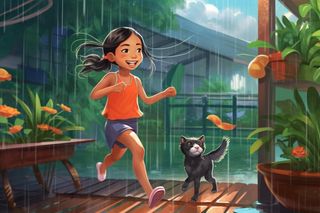 女孩雨天小猫游艇游玩插画背景