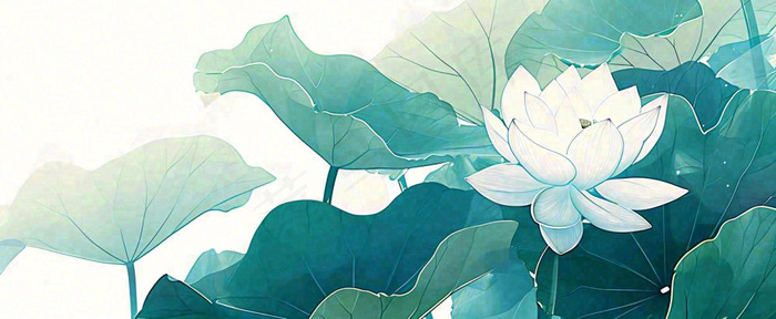夏天荷花荷叶手绘绿色插画，夏至小暑大暑(1712x704)