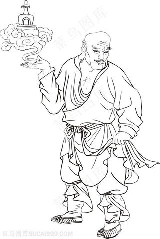 法术拖着小塔的僧人罗汉线描矢量PNG绘画图片