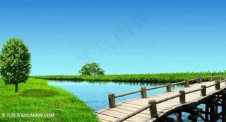 公园木桥草地风景画韩式自然背景