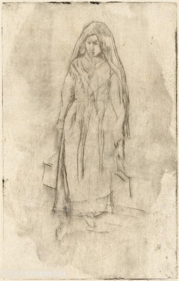 惠斯勒素描长发女性装饰画
