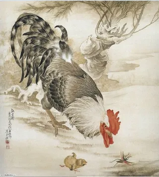 油画鸡群风景背景墙