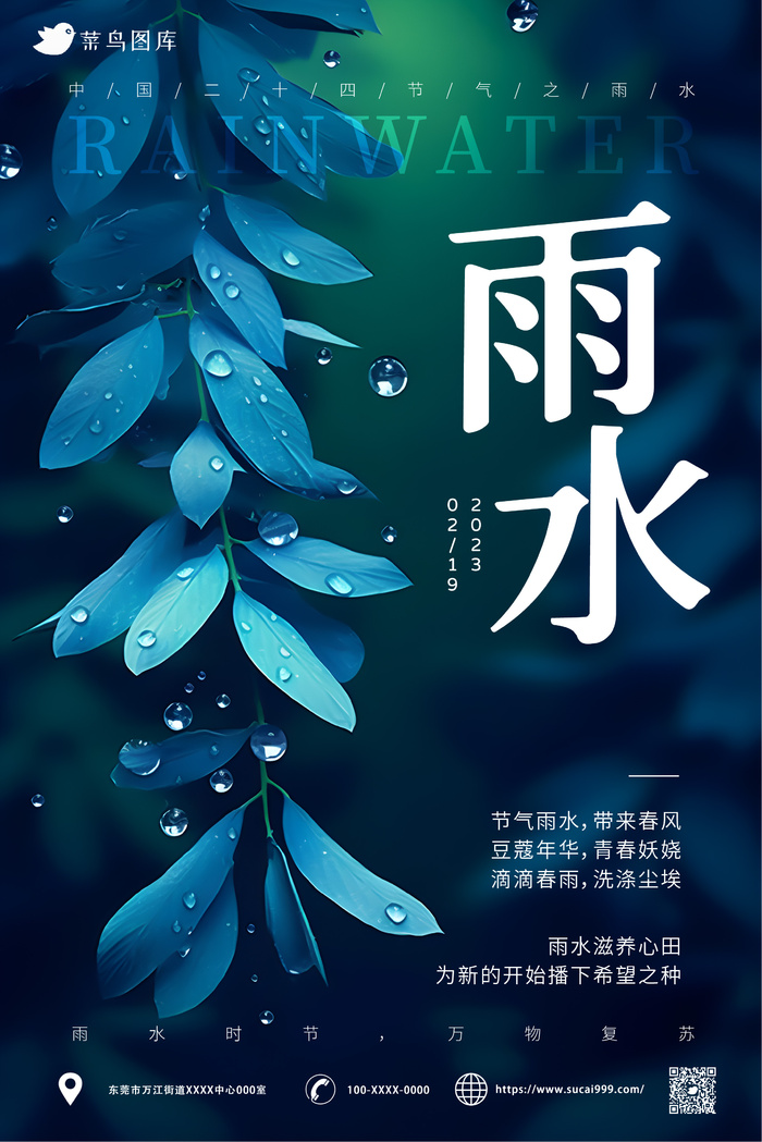 树叶 雨滴 简约风雨水节气海报